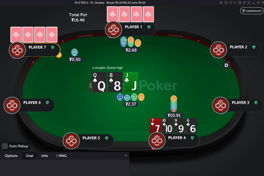 A player makes a straight on the flop in a Pot Limit Omaha game, with a draw to a straight flush from 9 to Q.