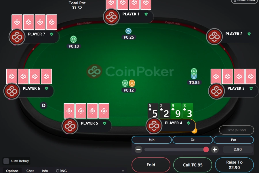 A player chooses a bet size in a game of Pot Limit Omaha on CoinPoker