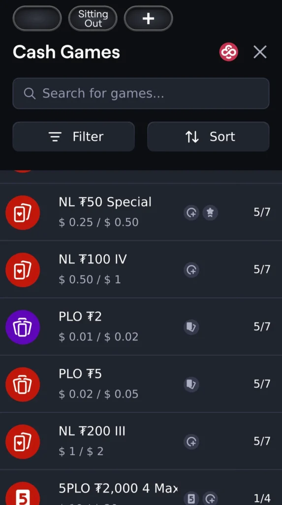 Online poker cash game lobby on CoinPoker mobile browser.