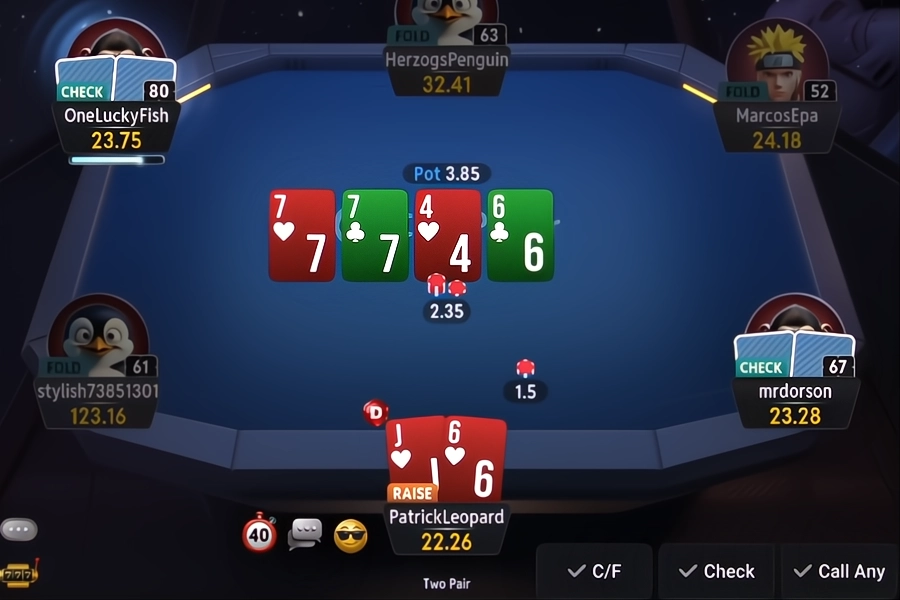 A game of Texas Hold'em poker in cash game form on the CoinPoker online poker app.