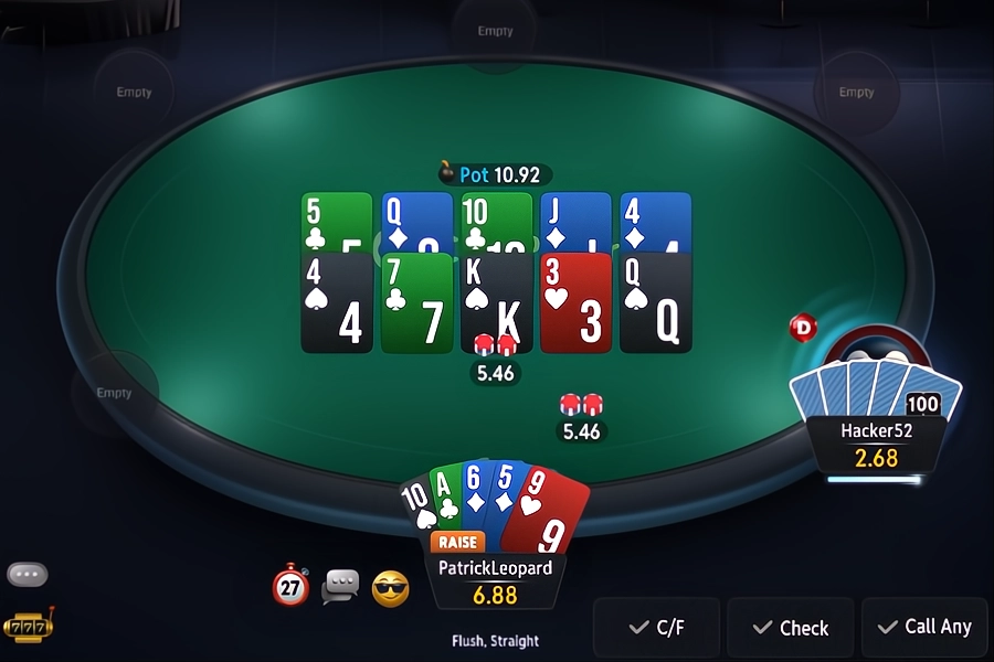 Two players in a 5-card Pot Limit Omaha cash game showdown and run it twice, where one player wins with a straight on both boards (7-8-9-T-J and 8-9-T-J-Q), and the other player loses twice with two pair and pair (4-4-9-9-K and 4-4-K-Q-9).