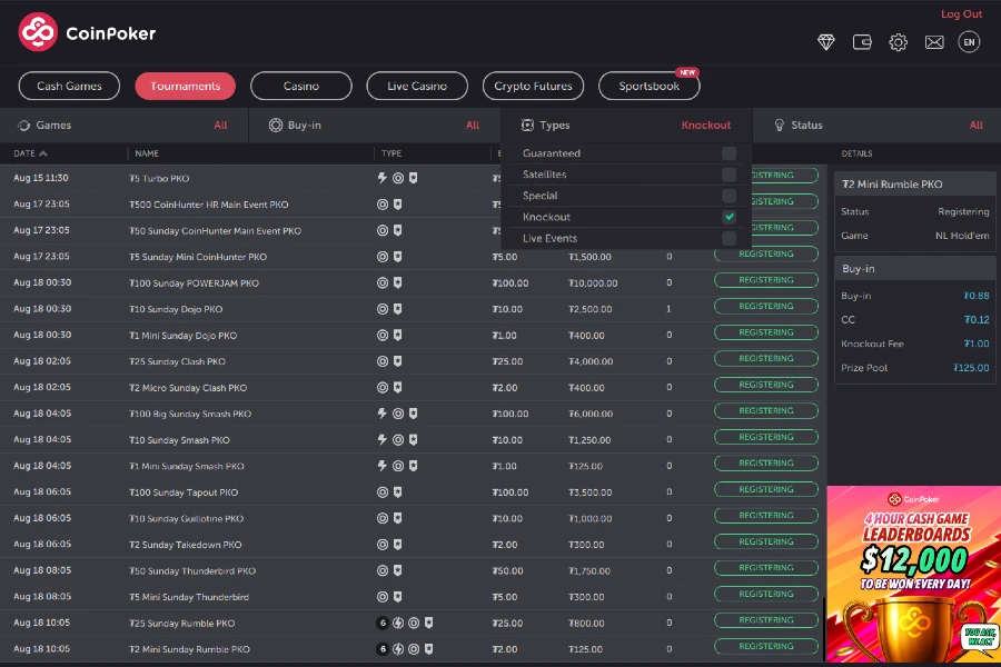 The CoinPoker tournament lobby, filtered to show PKO tournaments only.