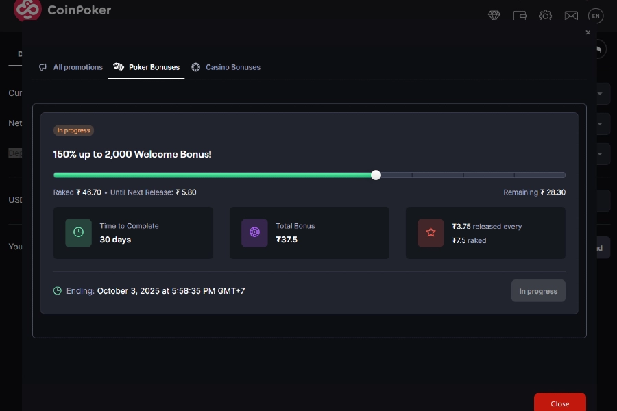A player checks their poker bonus in the CoinPoker app.