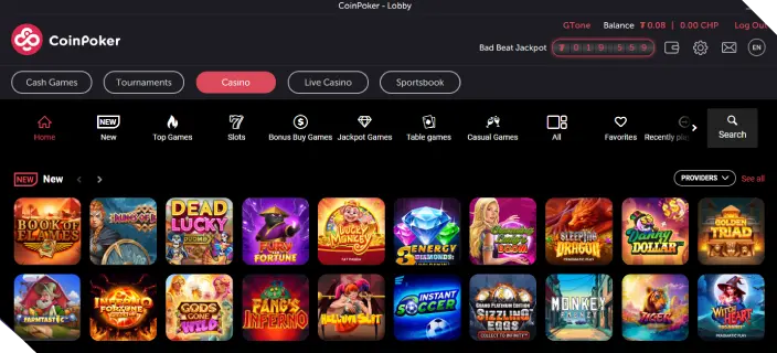 A look at the CoinPoker casino main page where players can choose their online casino games.