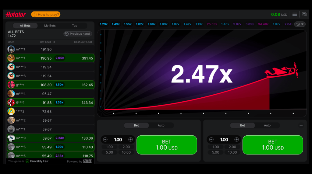 Aviator crash game showing the multiplier at 2.47x