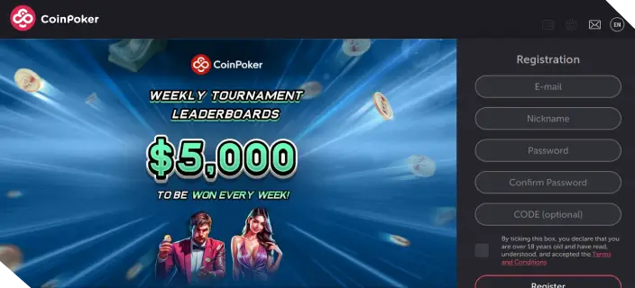 A look at the main screen of the CoinPoker application where users can register or log in.