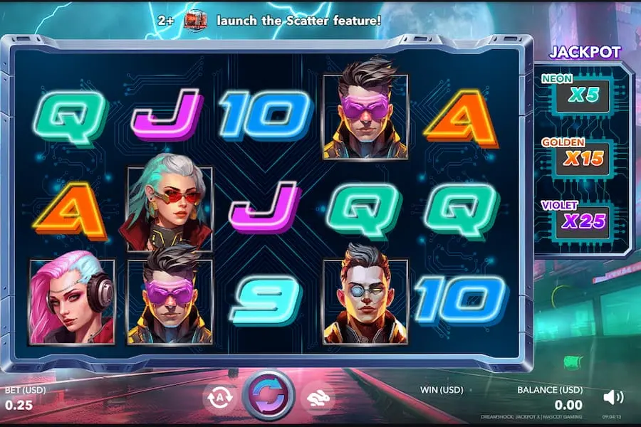 5x3 reel with card and character icons of the Dreamshot jackpot slot on CoinPoker Casino.