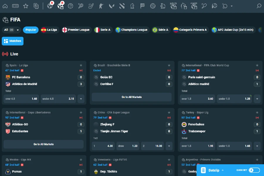 A screenshot of the CoinPoker FIFA betting lobby showing various events and betting markets for live or future bets.