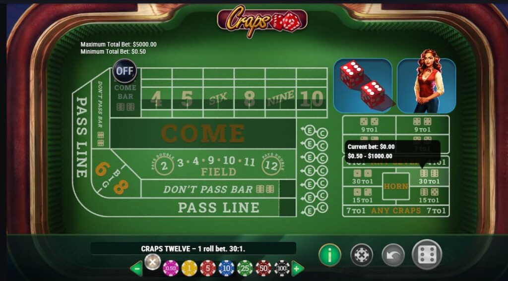 Boxcar bet example in Craps Casino game on CoinPoker.