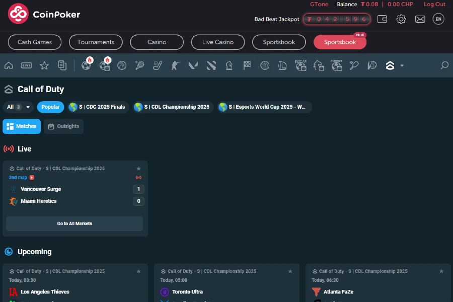 A screenshot of the CoinPoker COD betting lobby showing upcoming events and live Call of Duty events.