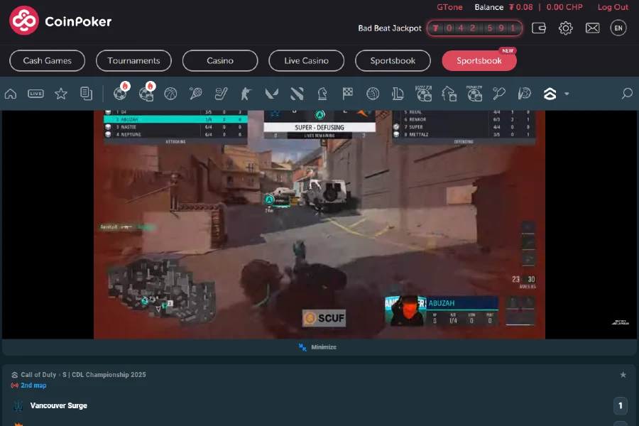A screenshot of the CoinPoker COD betting setup during a live game with live video of the event.