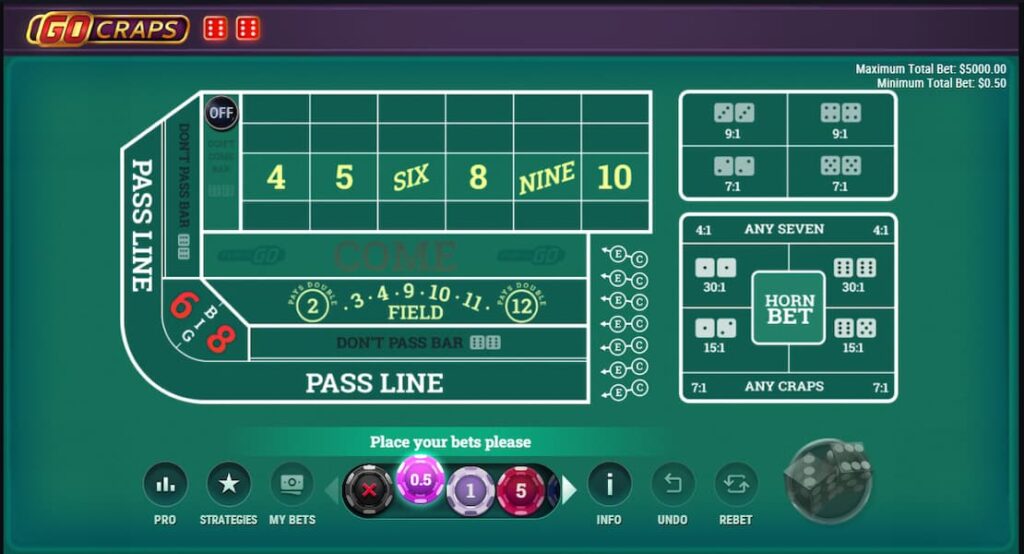 Online BTC craps table layout.