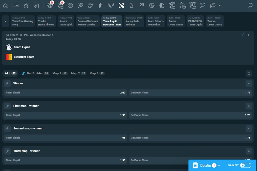 A look at a DOTA 2 event on CoinPoker, ready for bets to be placed.
