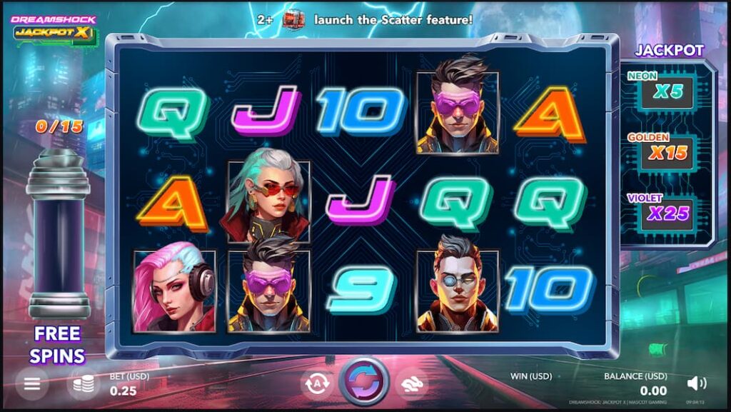 5x3 reel with card and character icons of the Dreamshot jackpot slot on CoinPoker Casino.