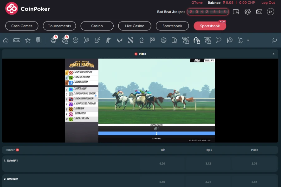 A screenshot of the CoinPoker crypto esports betting lobby showing live horse racing and several betting markets.