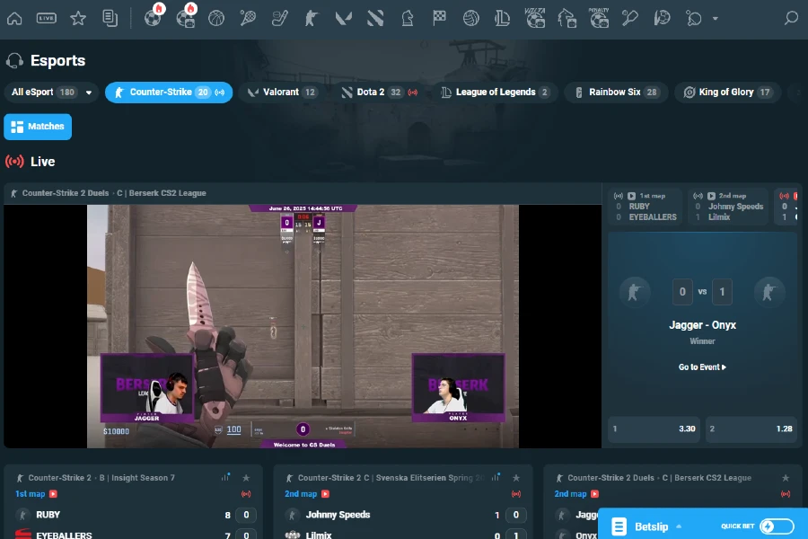 A screenshot of the CoinPoker crypto esports betting lobby showing various events and betting markets for live or future bets.