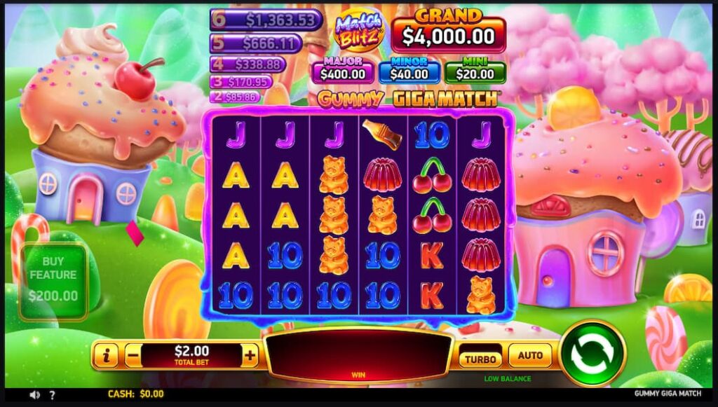 Gameplay of Gummy Gigamatch jackpot slot on CoinPoker Casino.