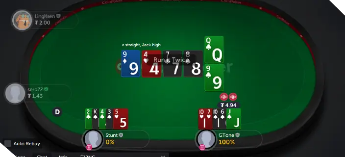 A look at a 5-Card Pot Limit Omaha (PLO5) poker table on CoinPoker where two players compete for a pot during a poker cash game.