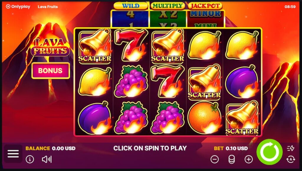 Lavafruit jackpot slot game showing 5x3 reels.