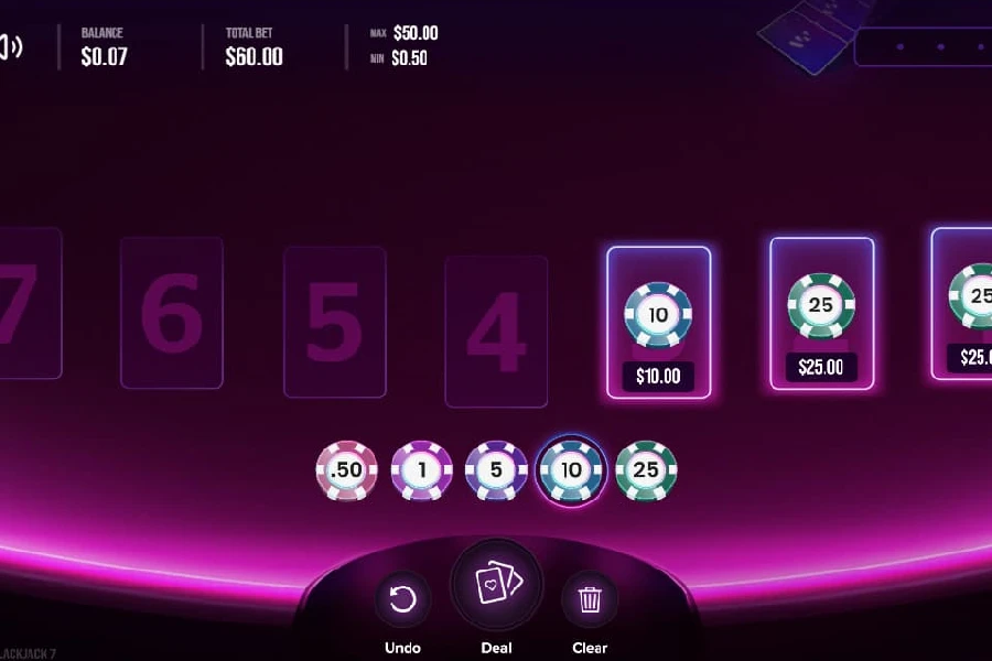 A game of Neon Blackjack on the CoinPoker app showing a player making multiple bets at once.