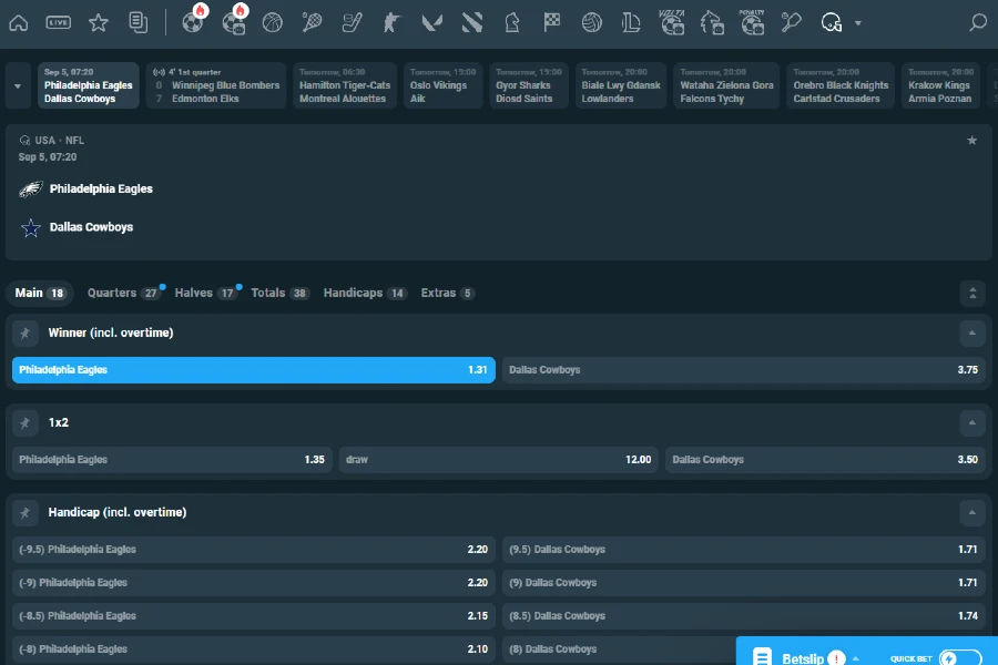 A screenshot shows various NFL markets for a specific match of American Football.