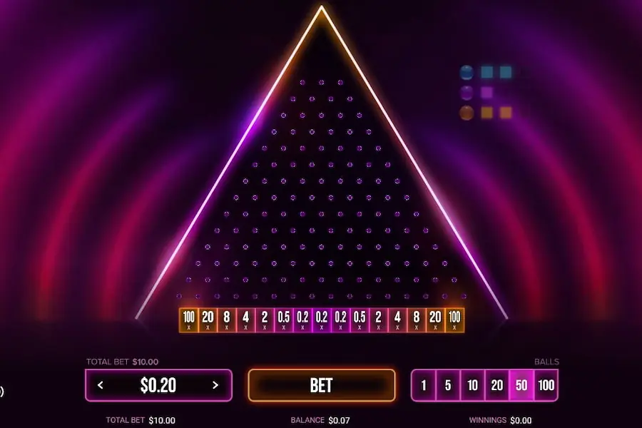 A game of Neon Plinko with a 96% RTP on the CoinPoker Casino app.