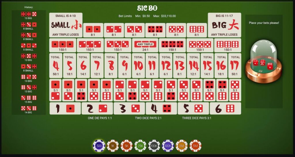 Sic Bo dice table game on CoinPoker.