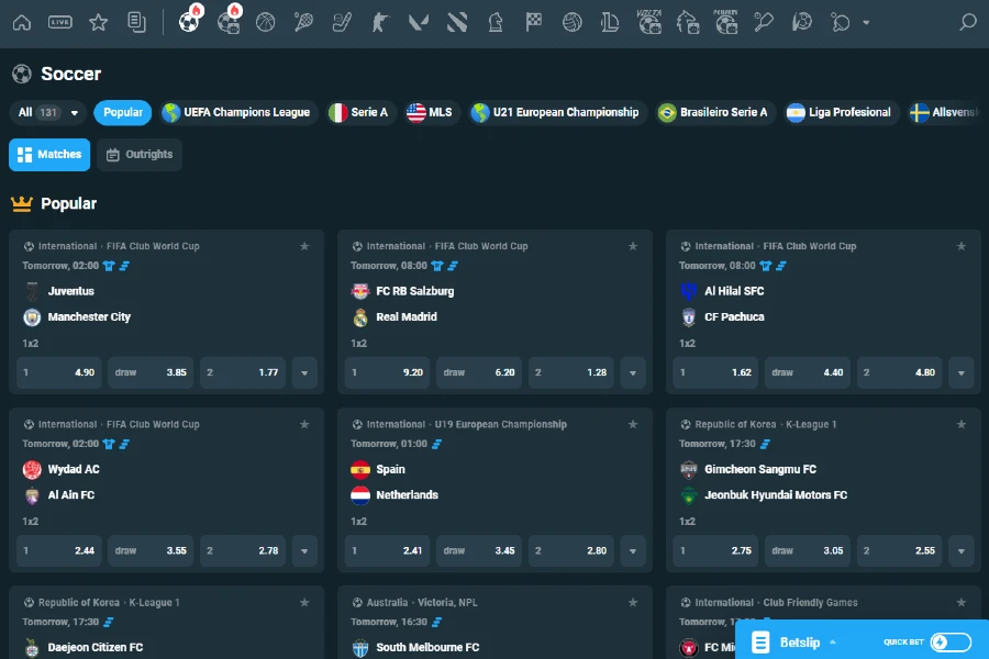 A screenshot of the CoinPoker soccer (football) betting lobby showing various events and betting markets for live or future bets.