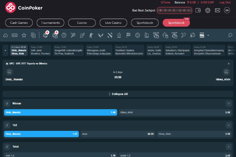 A screenshot showing a UFC event with various kinds of betting markets available for wagers, with updated odds.