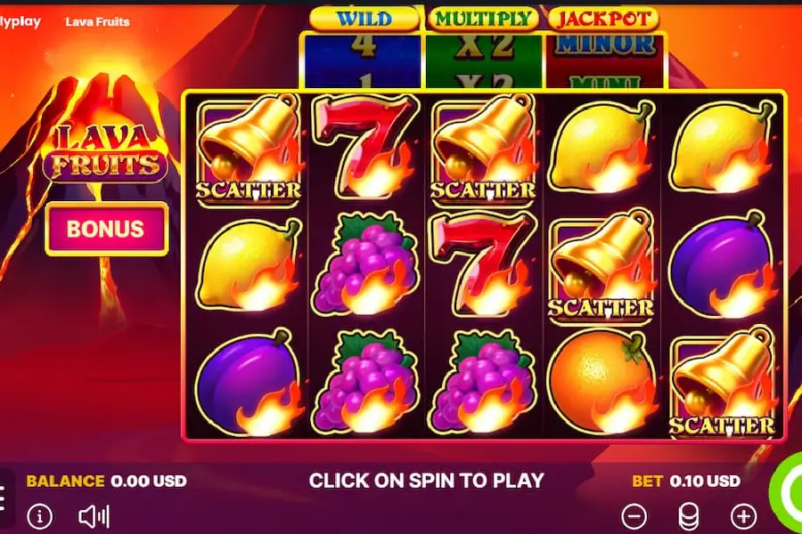 Lavafruit jackpot slot game showing 5x3 reels.