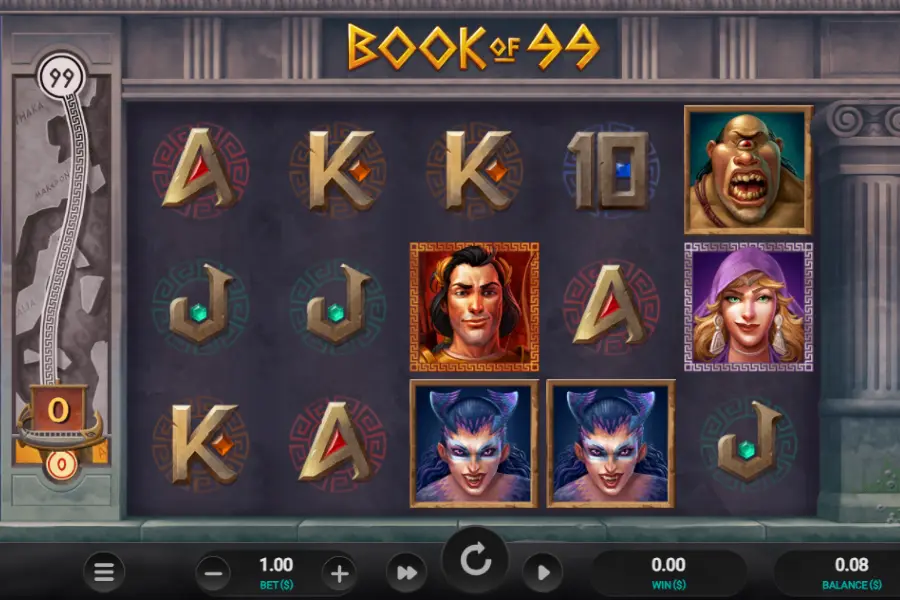 A game of Book of 99 Slots on CoinPoker Casino, featuring a 99% RTP (Return to Player).