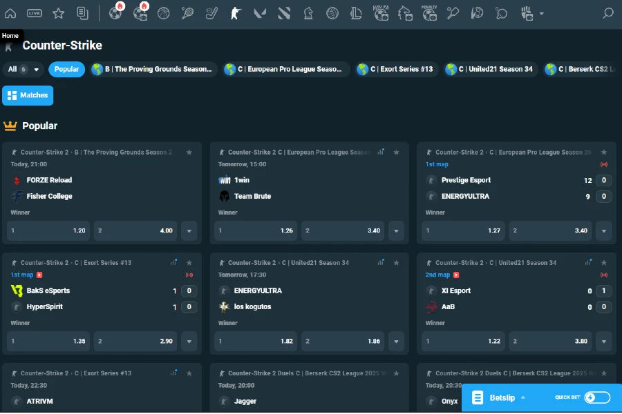A look at the CS2 Betting lobby in the CoinPoker app with upcoming and live events.
