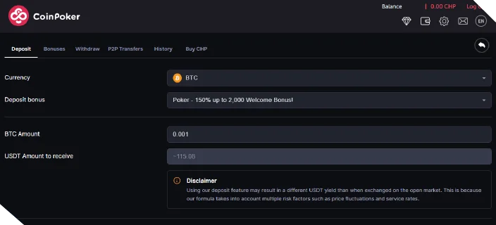 A screenshot shows the CoinPoker Cashier, where users select a crypto coin, a bonus, and send funds to a wallet address.