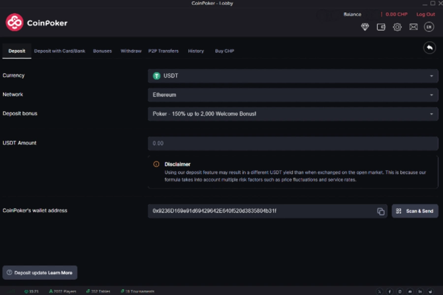 A screenshot shows the CoinPoker Cashier, where users select crypto-currencies, a bonus, and send funds to a wallet address.