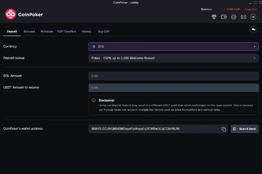 A screenshot shows the CoinPoker Cashier, where users select Solana (SOL), a bonus, and send funds to a wallet address.