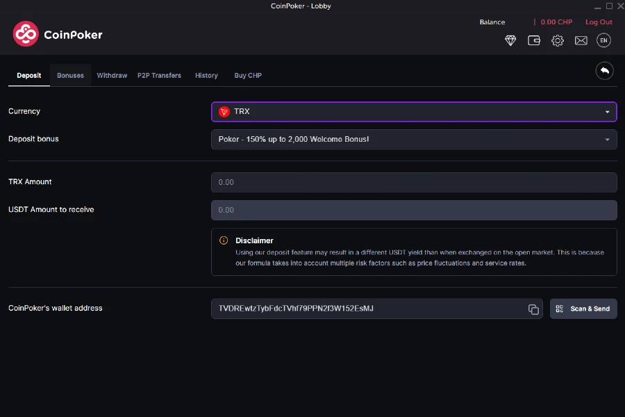 A screenshot shows the CoinPoker Cashier, where users select TRX, a bonus, and send funds to a wallet address.
