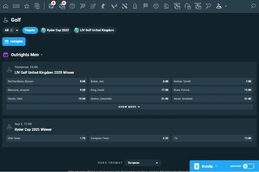 Live Golf Odds & In-play Markets