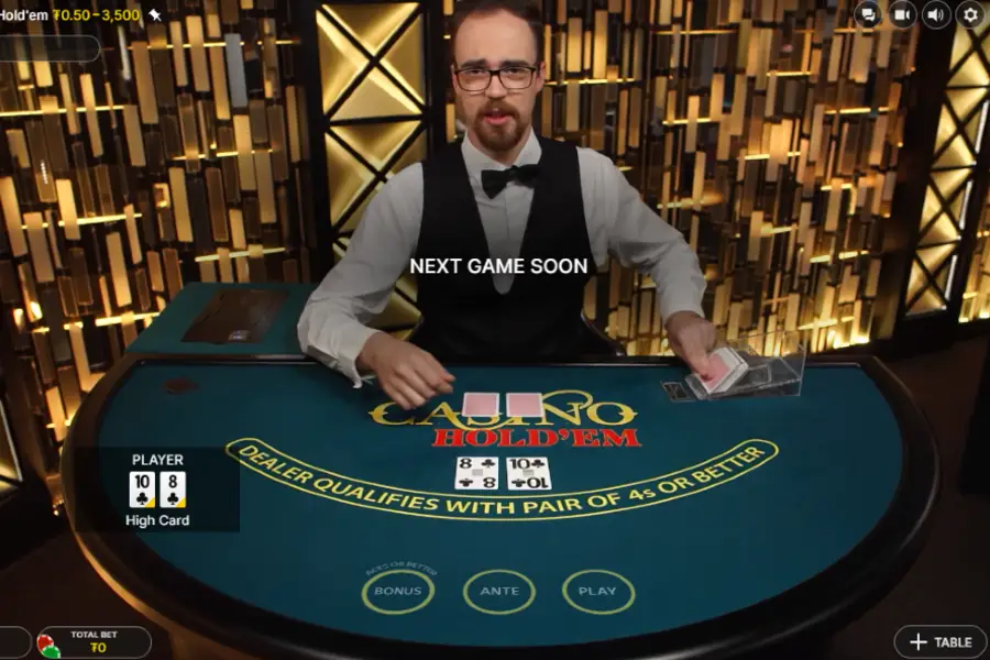 A live dealer in CoinPoker's live online casino is dealing cards for a poker game.