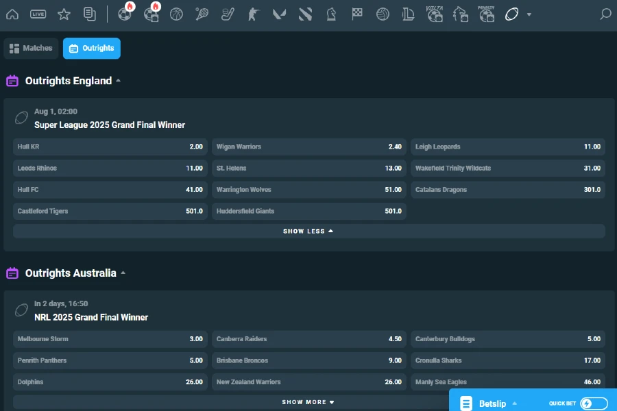 Outright markets for Rugby League betting in tournaments in Australia and England.