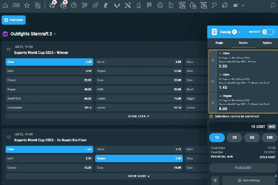 The CoinPoker app shows the best StarCraft 2 esports crypto betting markets.