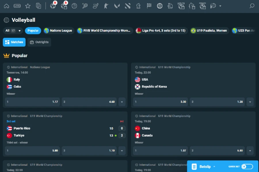 An image of volleyball betting markets on CoinPoker sports betting site.