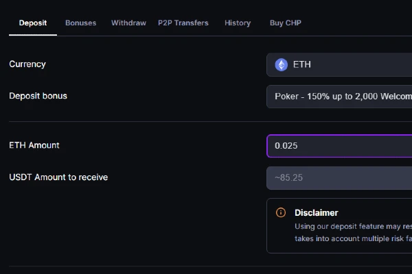 Select an amount to deposit in the CoinPoker cashier.