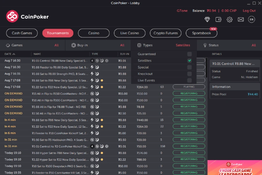 The CoinPoker tournament lobby filtered to show satellite tournaments.