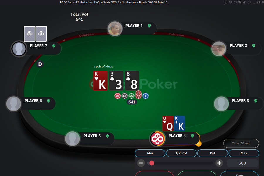 A player holds a pair of Kings in a poker satellite on CoinPoker.