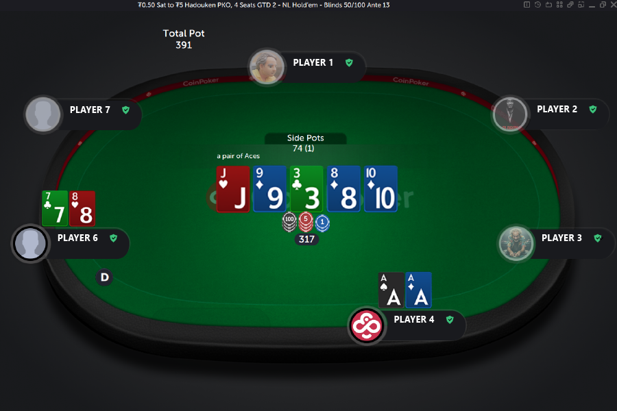 A game of No Limit Holdem (NLH) on CoinPoker.