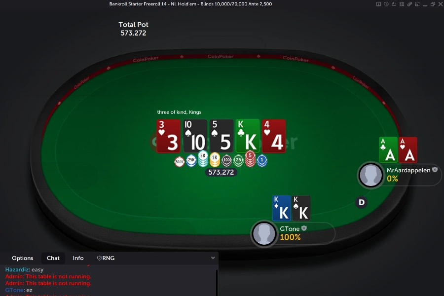 A pair of Kings makes a set against a pair of Aces in a CoinPoker No LImit Hold'em game.