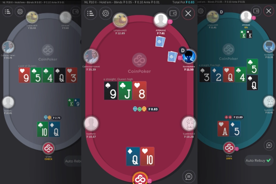 Three different tables showing CoinPoker No-Limit Holdem mobile games