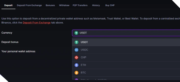 Deposit with Crypto or a Bank Card 
