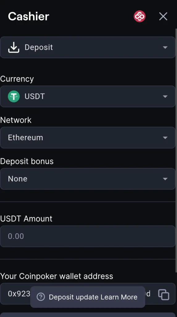 The deposit screen of the CoinPoker mobile app.